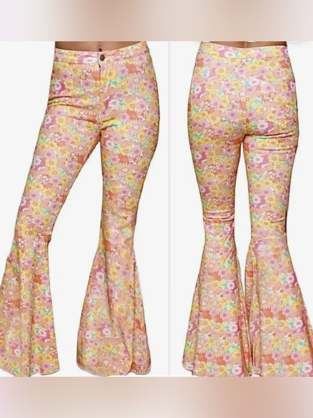 Peach Love California Floral Stretchy Bell Bottoms Flare Jeans Size L